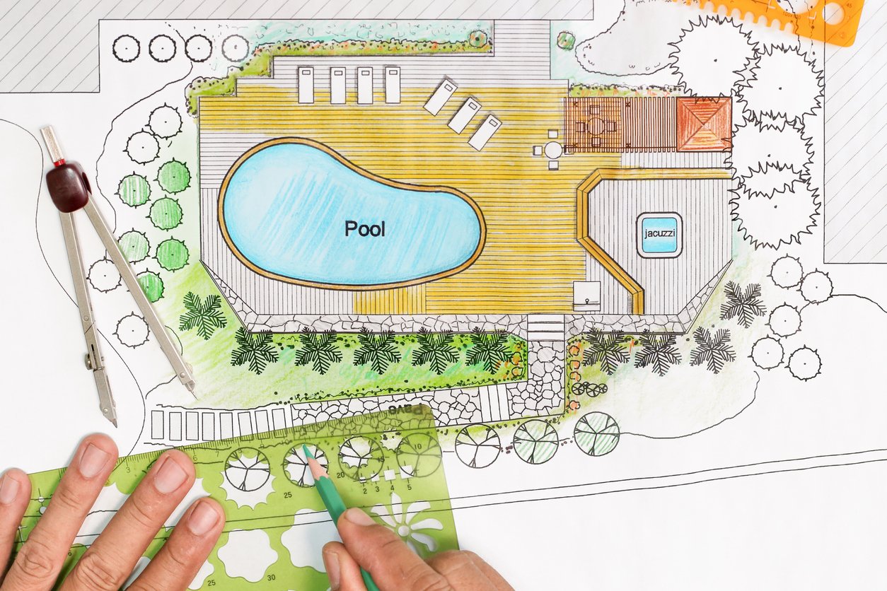 Landscape architect designs backyard plan with Pool