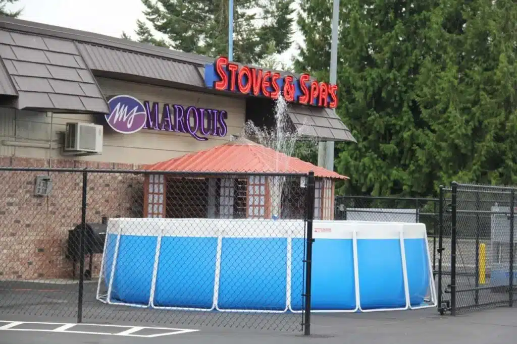 pool outside stoves & spas store